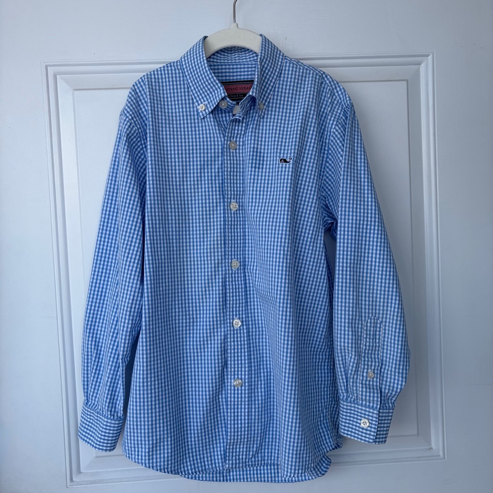 •Vineyard Vines• Boys Blue Gingham Button Down Whale Shirt - Size 8-10
